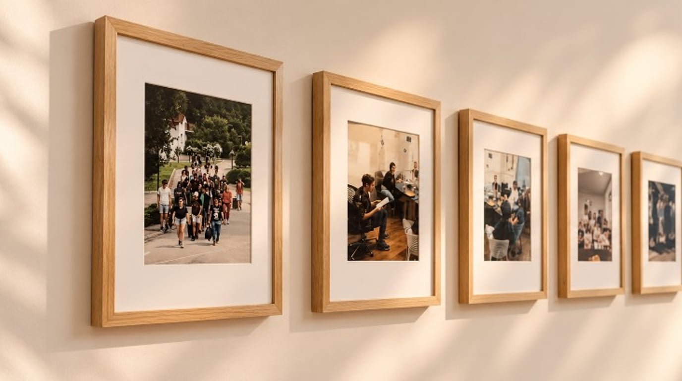 Framed photographs of Logout programmes on a sunlit wall