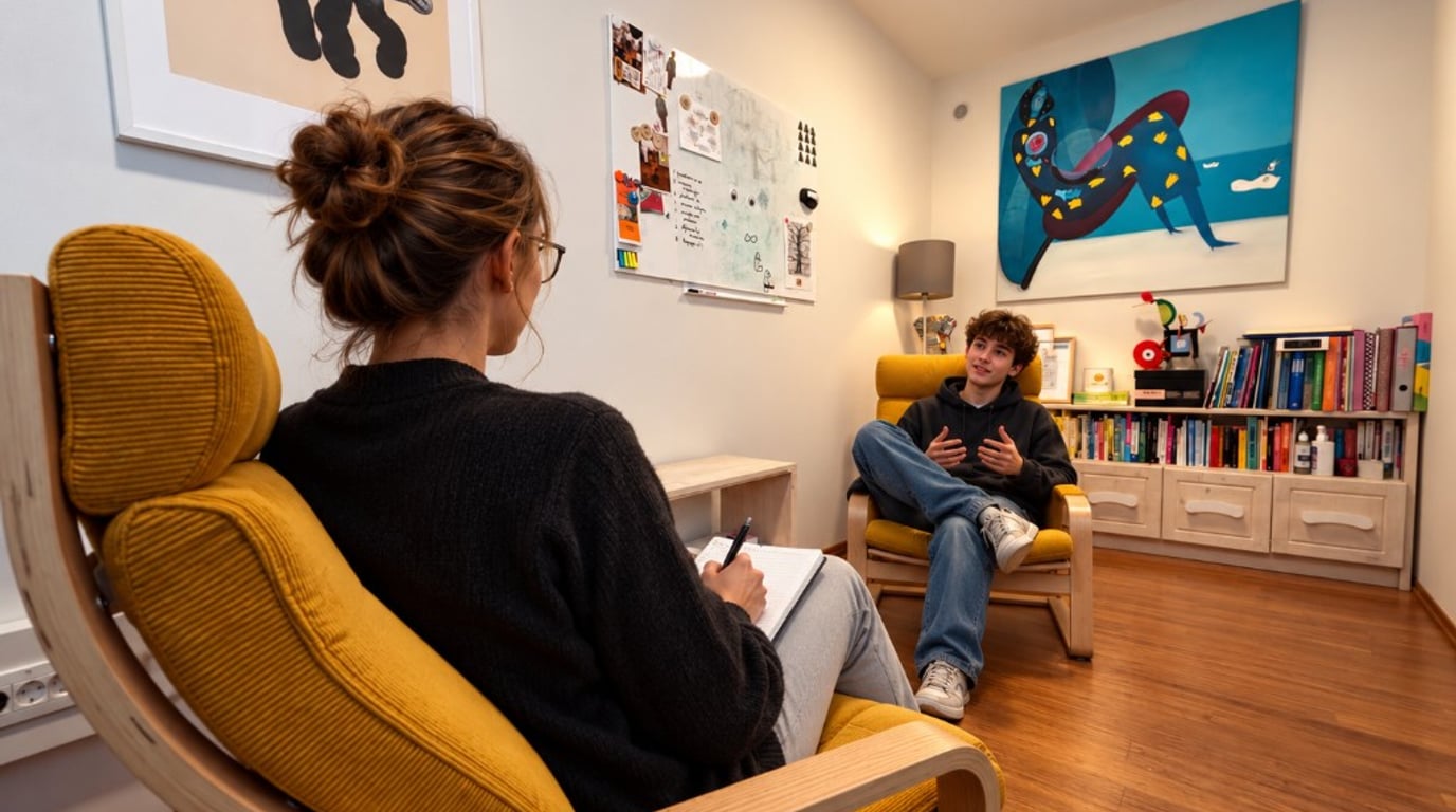 A counsellor and a young person talking in a Logout counselling room