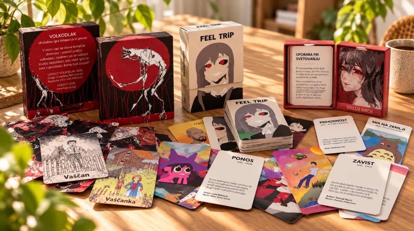 Logout board games and cards on a sunlit wooden table